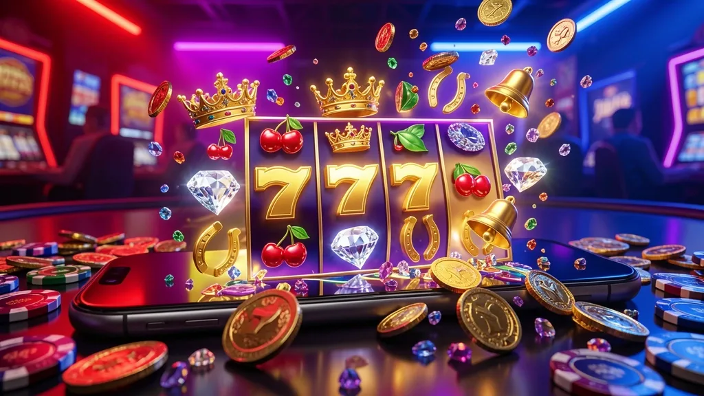 Horizontal smartphone showing slot symbols emerging amid coins and gemstones