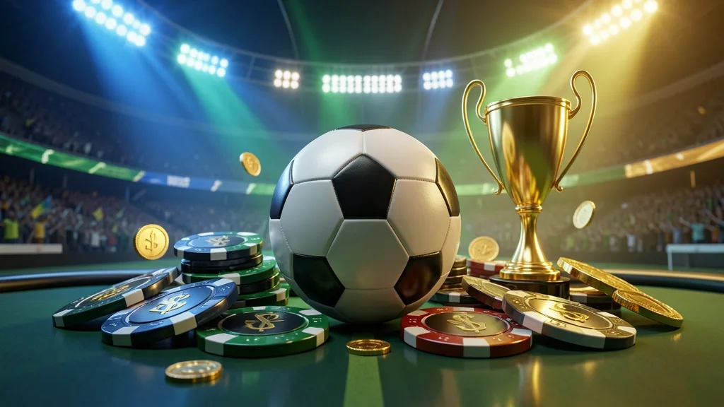 Football surrounded by betting chips, trophy, and golden coins