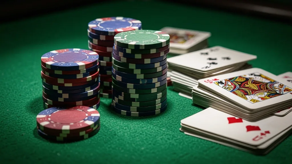Casino chips and playing cards arranged on green felt