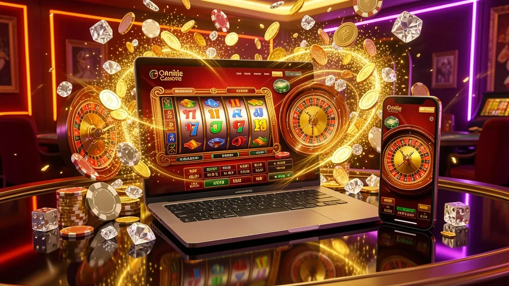 Laptop and smartphone displaying casino games amid coins and chips