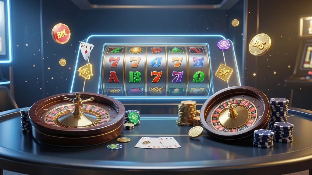 Digital casino platform featuring slot reels, roulette, cards, and chips