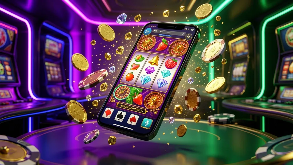 Smartphone displaying mobile casino reels surrounded by coins and chips