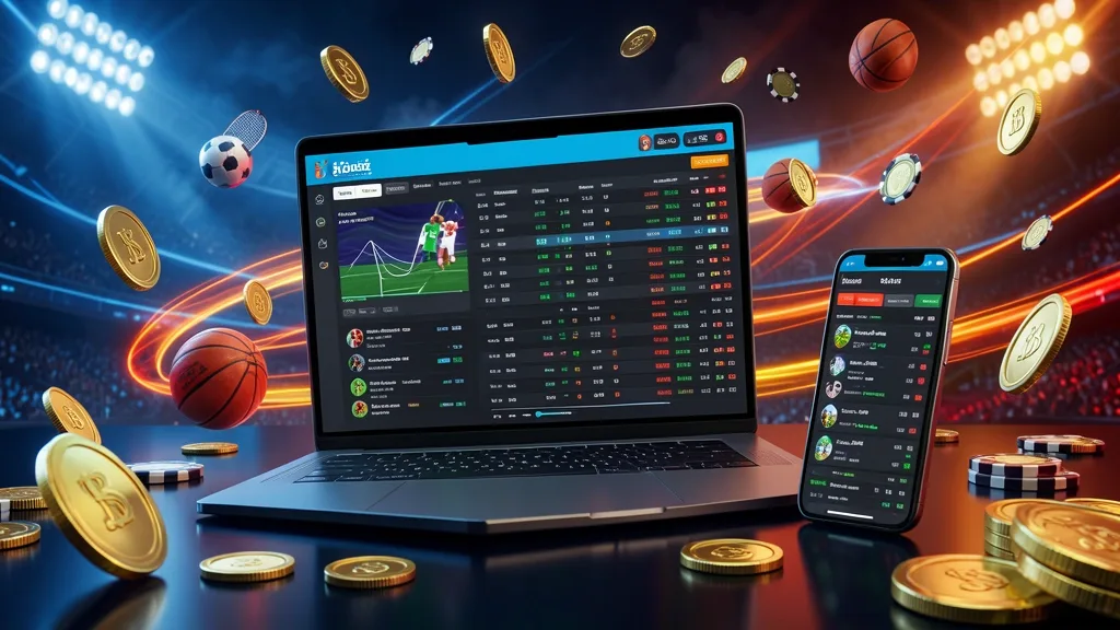 Laptop and smartphone displaying sports betting interfaces beside sports equipment