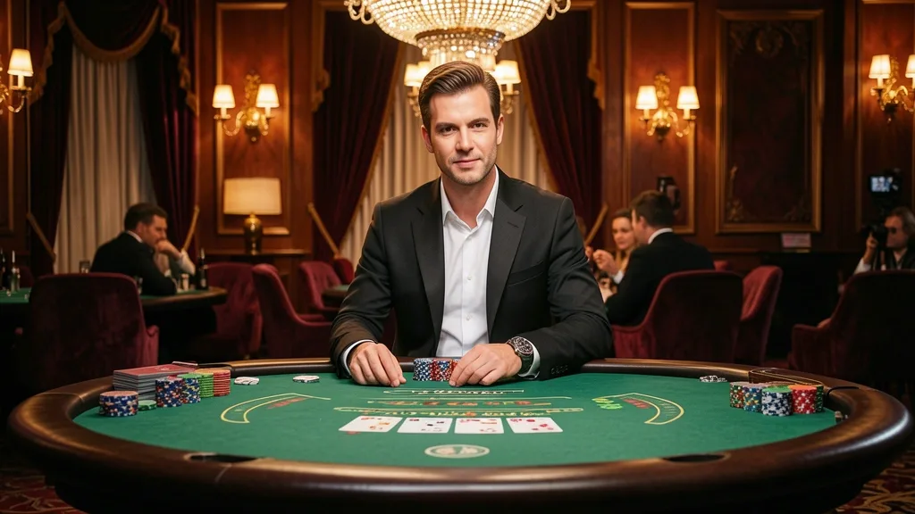 Live dealer at blackjack table in an elegant casino studio