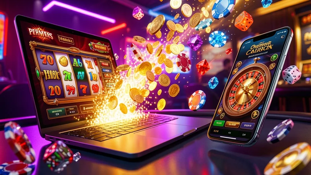 Tilted laptop and smartphone showing casino games with flying coins
