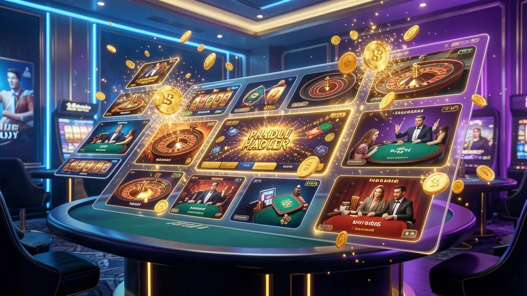 Online casino lobby with floating slot, roulette, poker, live-game tiles