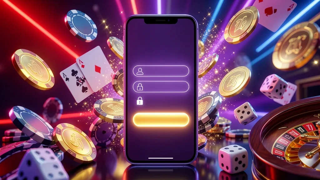 Smartphone displaying casino login interface surrounded by chips, cards, and dice