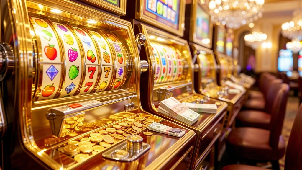 Golden slot machines with fruit symbols, coins, and banknotes