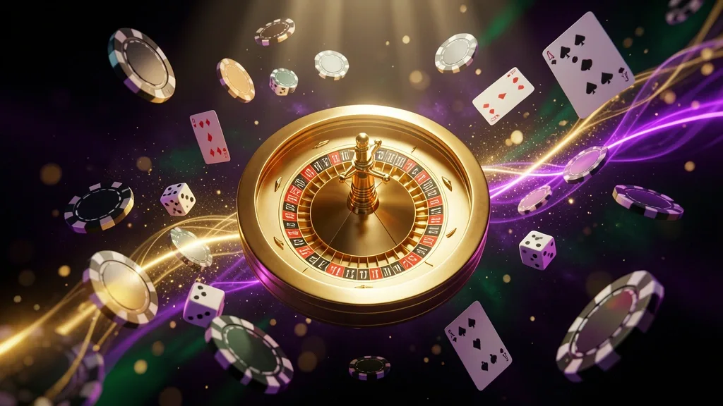 Glowing golden roulette wheel surrounded by floating casino objects