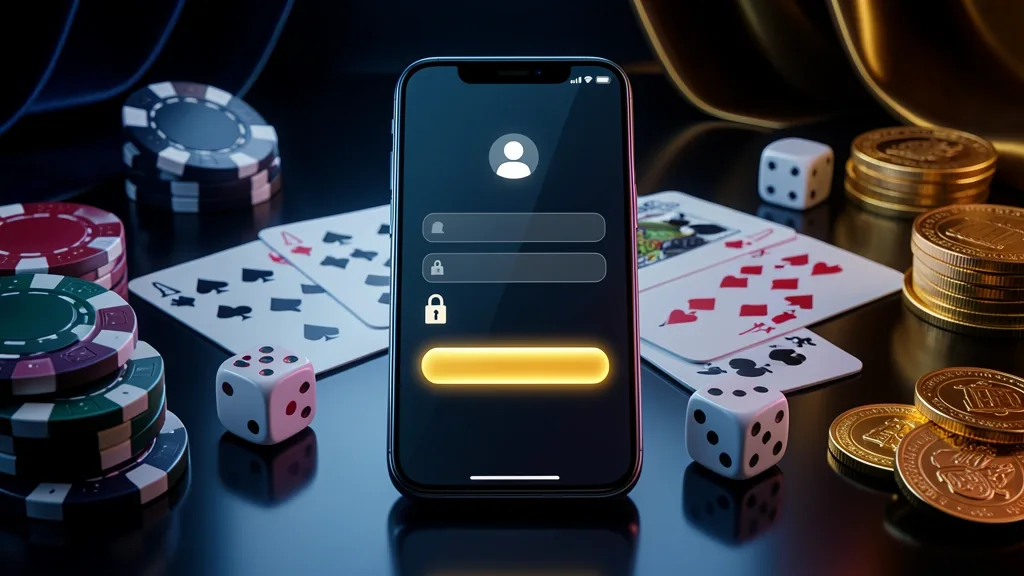 Smartphone showing casino sign-in screen with surrounding chips and cards