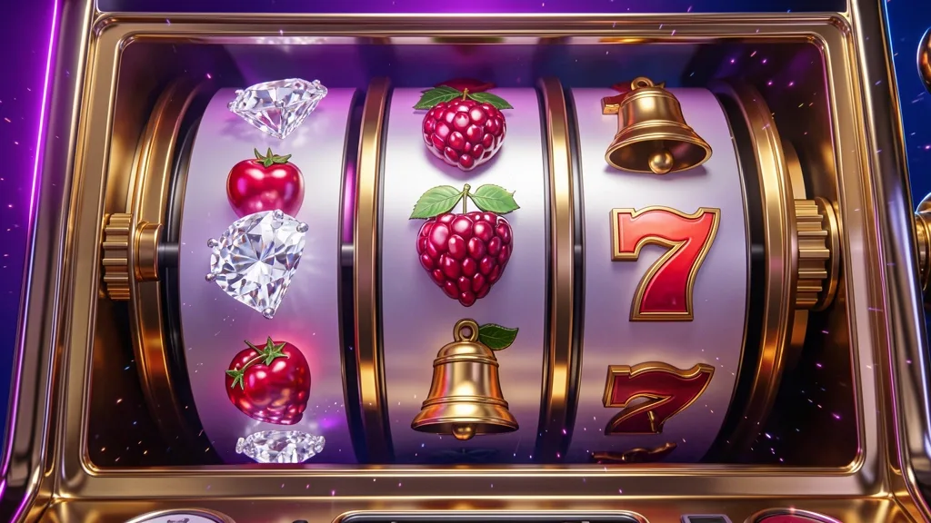 Golden slot reels showing diamonds, fruits, bells, and sevens